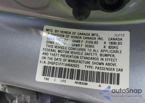 2018 Honda Civic Ex-L из США, поврежденный, VIN 2HGFC1F71JH642625